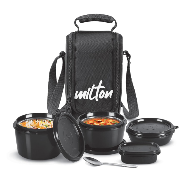 Milton Pro Munch Tiffin (3 Microwave Safe Inner Steel Containers,180/320/450/100ml; 1 Plastic Chutney Dabba; Steel Spoon) with Insulated Fabric Bag, Black, Leak Proof, Odour Proof, Easy to Carry