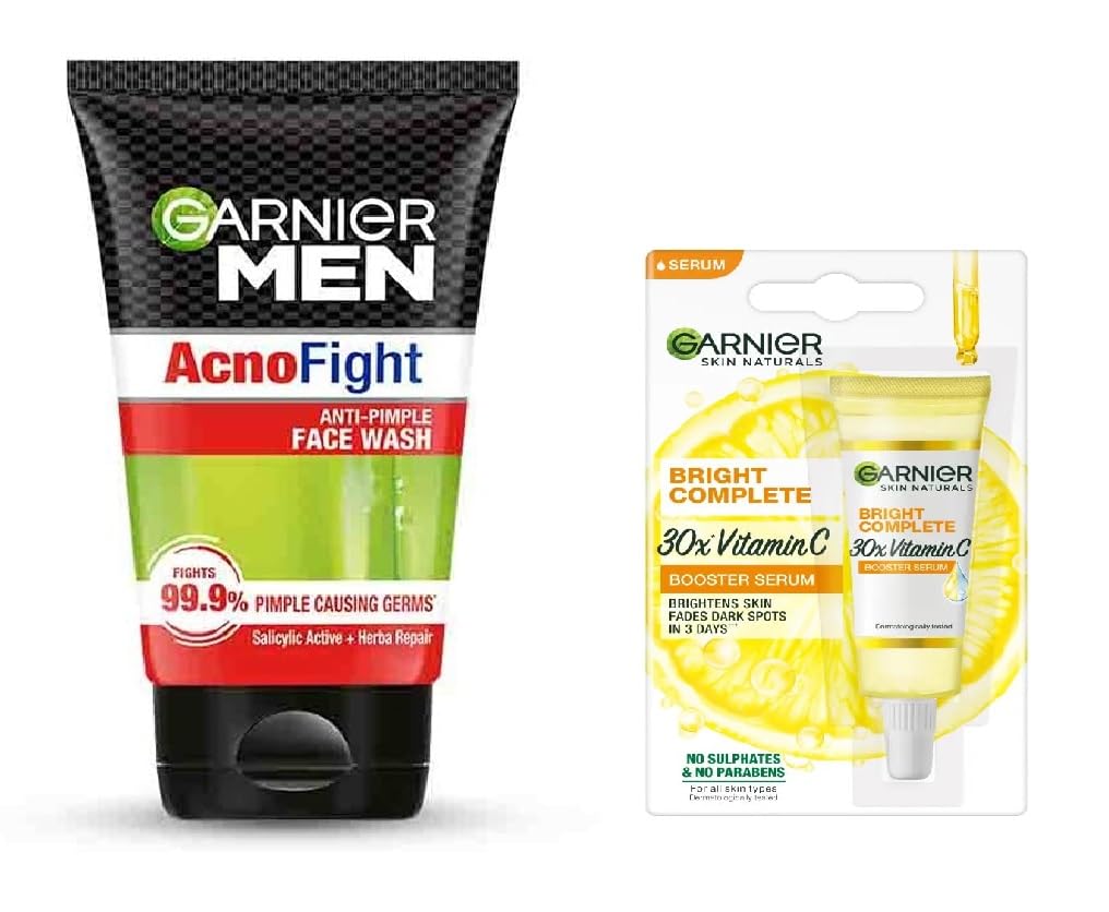 Garnier Men Acno Fight Anti-Pimple Face Wash 100g + Vitamin C Face Serum 7ml (2 Item In Set)