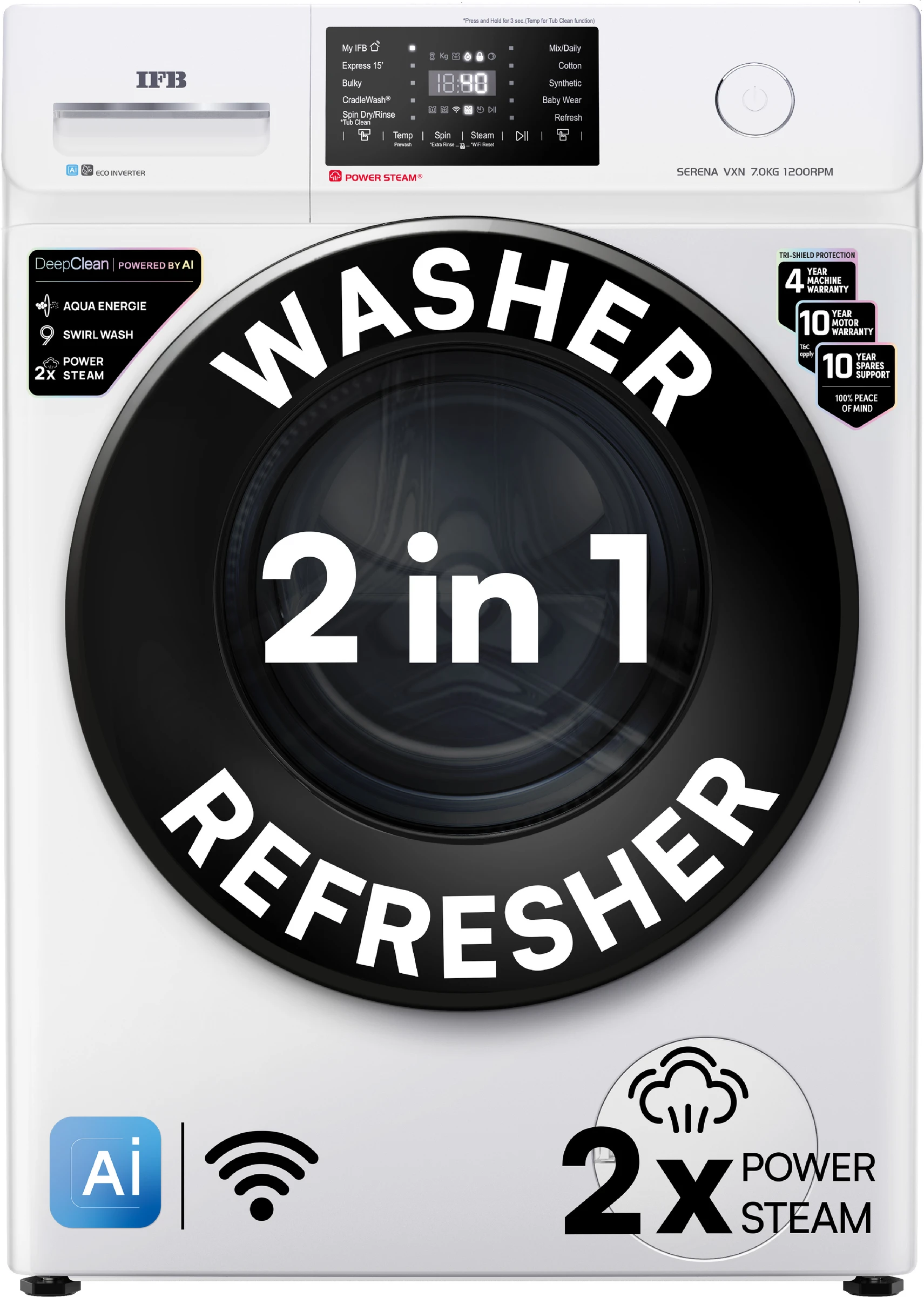 IFB 7 kg 5 Star with Steam Refresh Program, 9 Swirl wash, Eco Inverter, Powered by AI