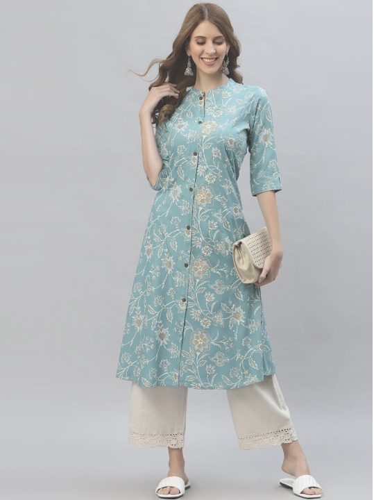 PYARELAL Floral Print Viscose Rayon A-line Kurta for Women (Blue)