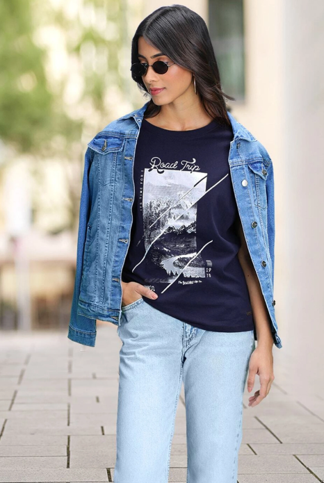 Roadster Women Printed Round Neck Pure Cotton Dark Blue T-Shirt